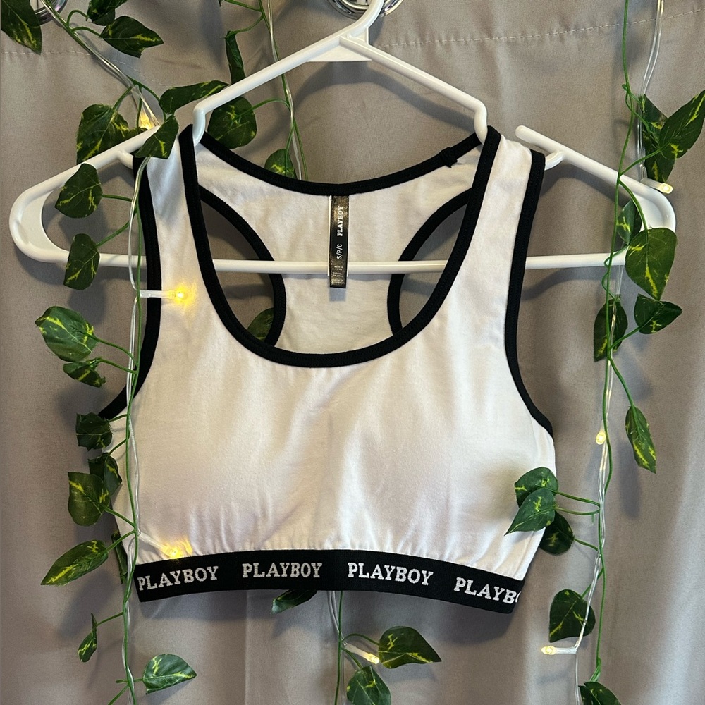 NWOT - PLAYBOY White and Black Sports Bra with Racerback Design